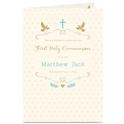 Personalised Holy Communion Invitation - Cream & Blue