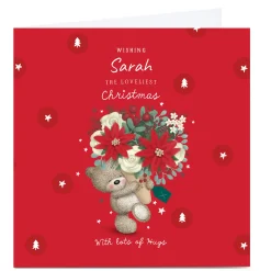 Personalised Hugs Bear Christmas Card - Bear & Flowers