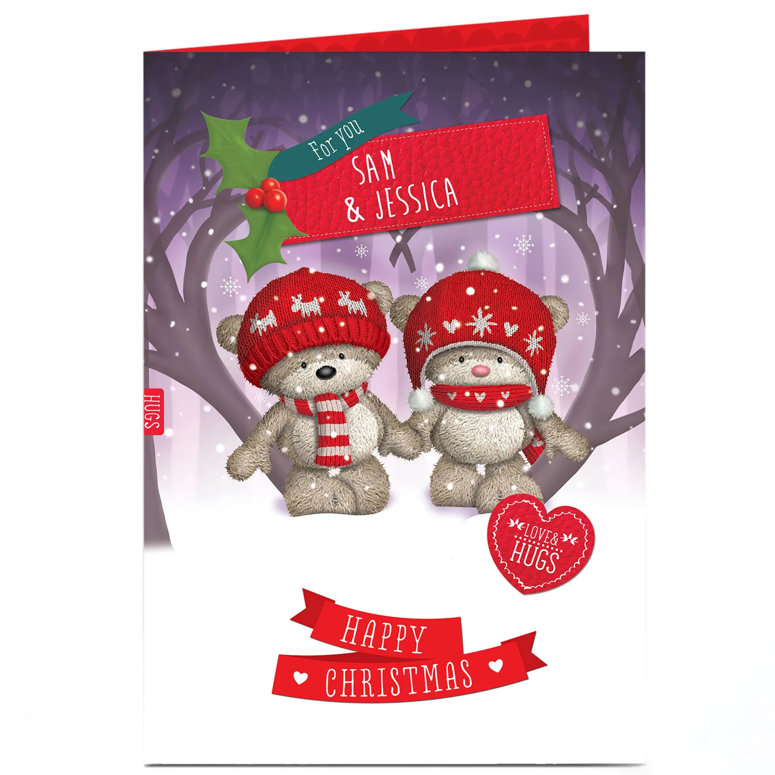 Personalised Hugs Bear Christmas Card - Couple In Snow