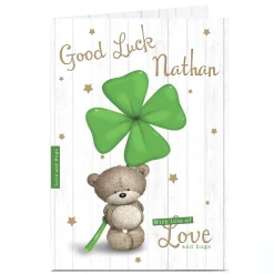 Personalised Hugs Bear Good Luck Card - Four-Leaf Clover