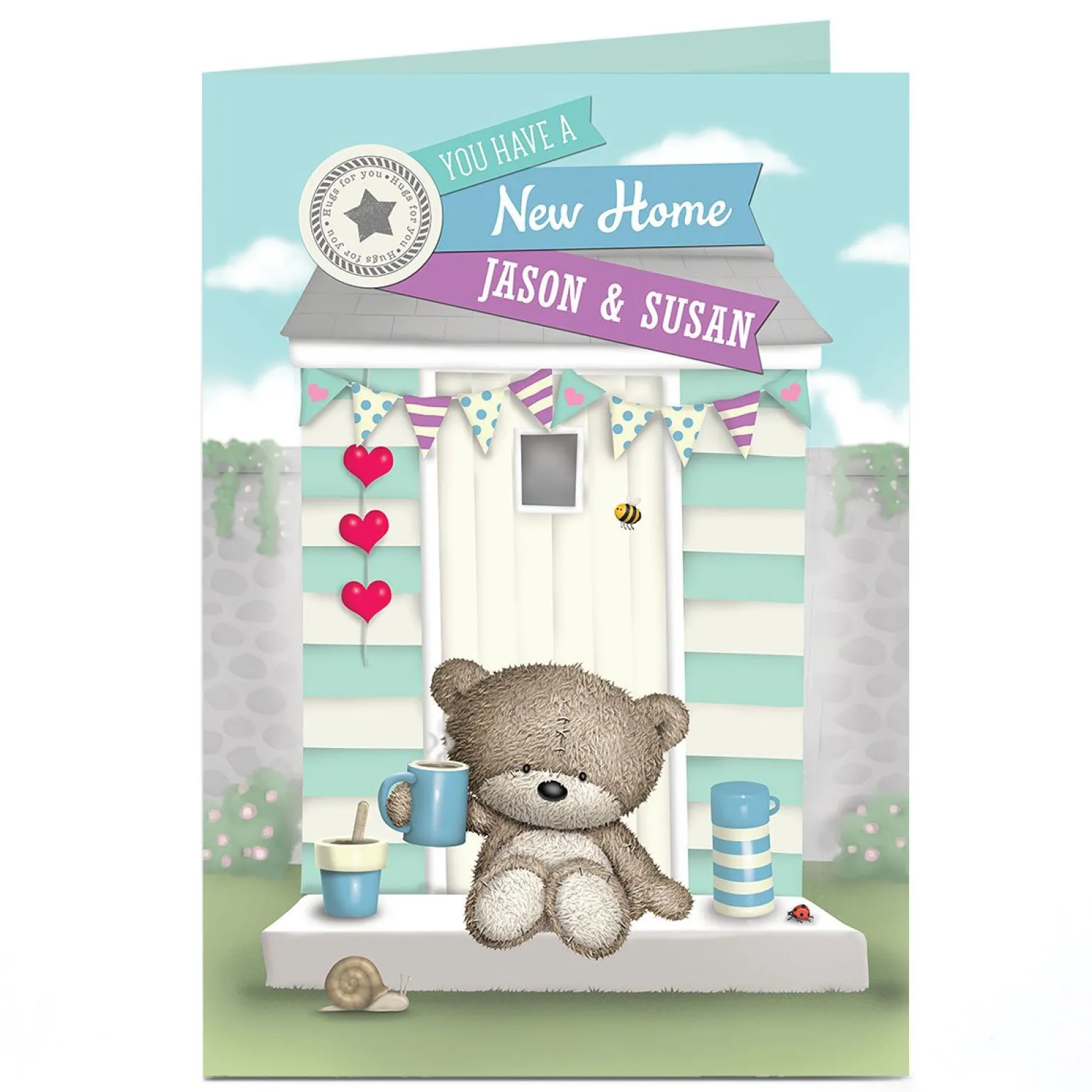 Personalised Hugs Bear New Home Card - Cup Of Tea