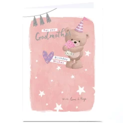 Personalised Hugs Birthday Card - Pink Pastels Bear with Cupcake, Godmother