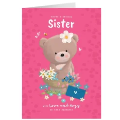Personalised Hugs Birthday Card - Hugs With Flower Basket, Sister