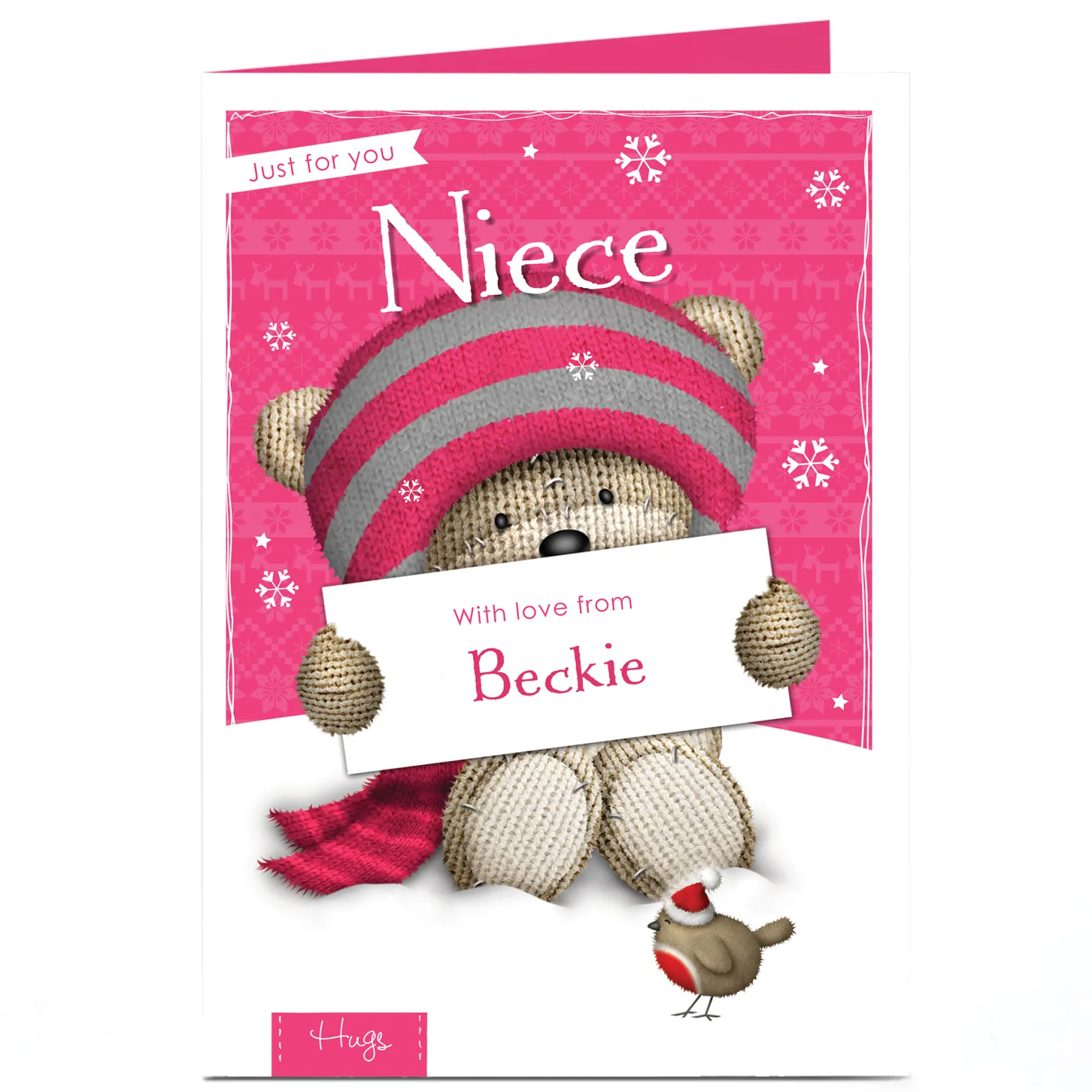 Personalised Hugs Christmas Card - Pink Bear - Niece