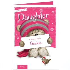 Personalised Hugs Christmas Card - Pink Bear - Daughter