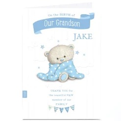 Personalised Hugs New Baby Card - Blue Baby Towel