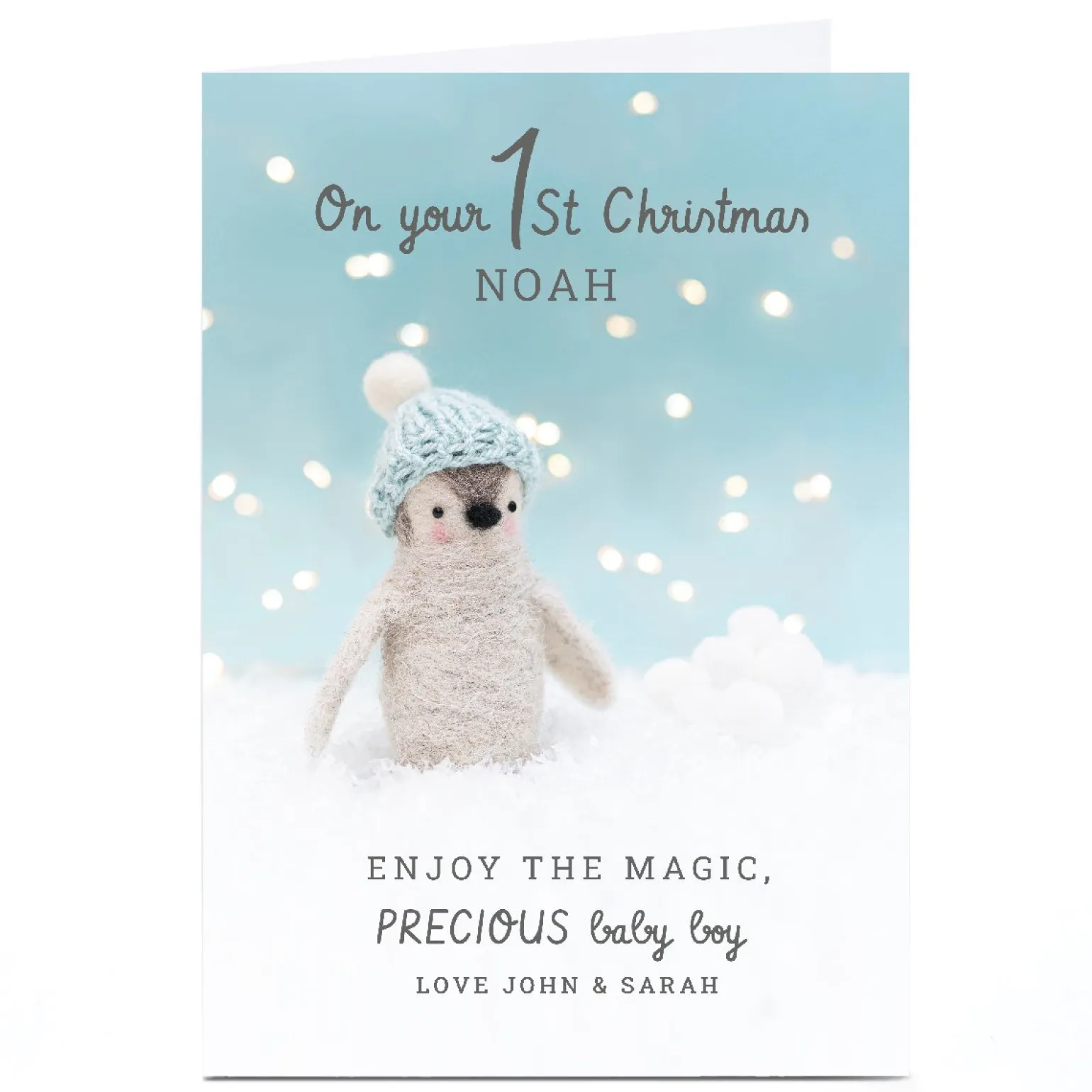 Personalised Lemon & Sugar 1st Christmas Card - Baby Boy Penguin