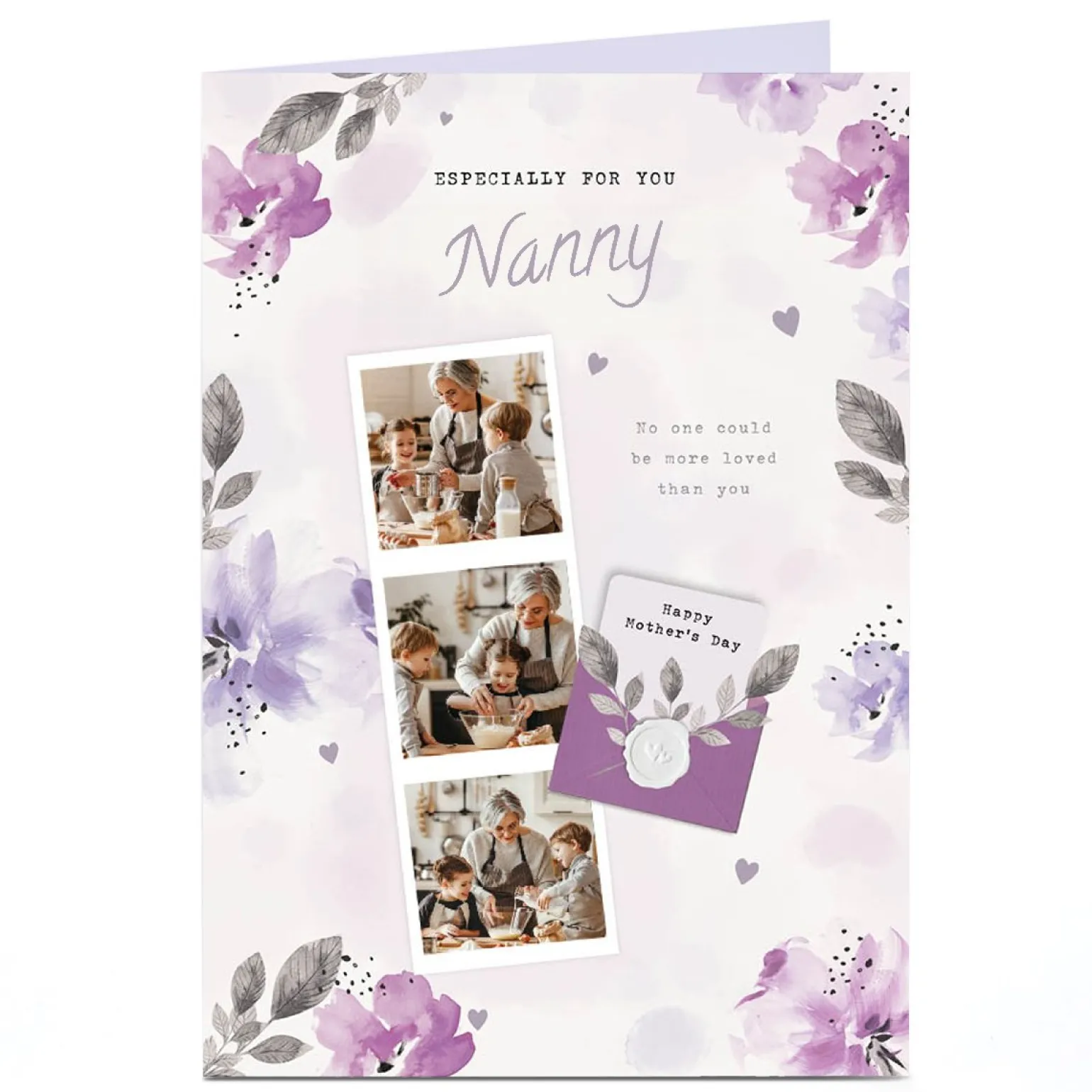 Personalised Mother's Day Card - 3 photos with lilac flowers - Nanny