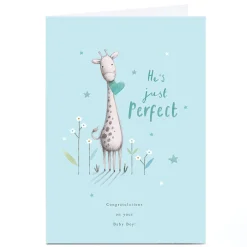 Personalised New Baby Card - Baby Boy Giraffe He's just Perfect