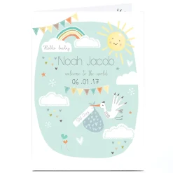 Personalised New Baby Card - Stork & Rainbow, Mint Green