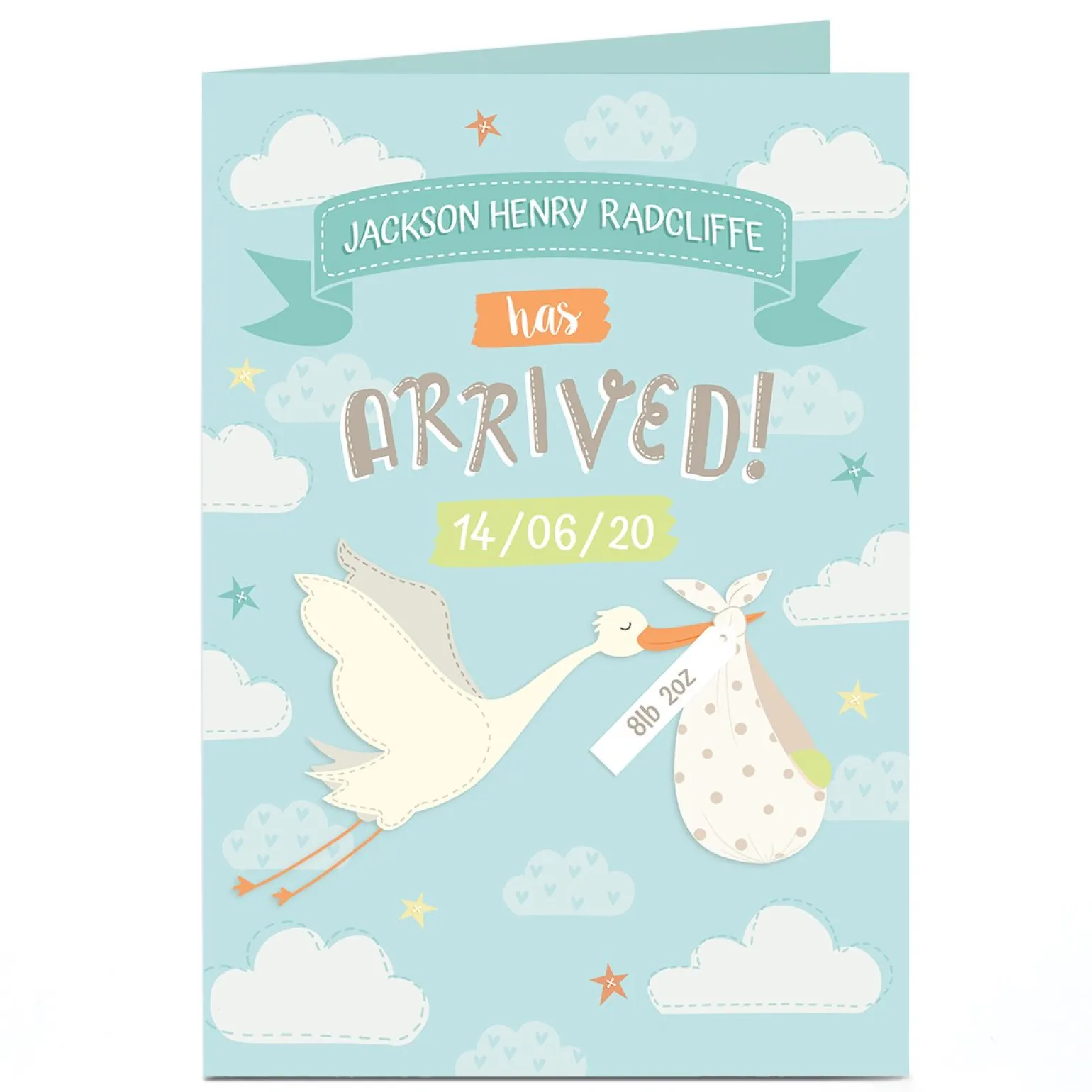 Personalised New Baby Card - Stork with Name