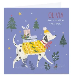 Personalised Nikki Upsher Christmas Card - Dog with Presents