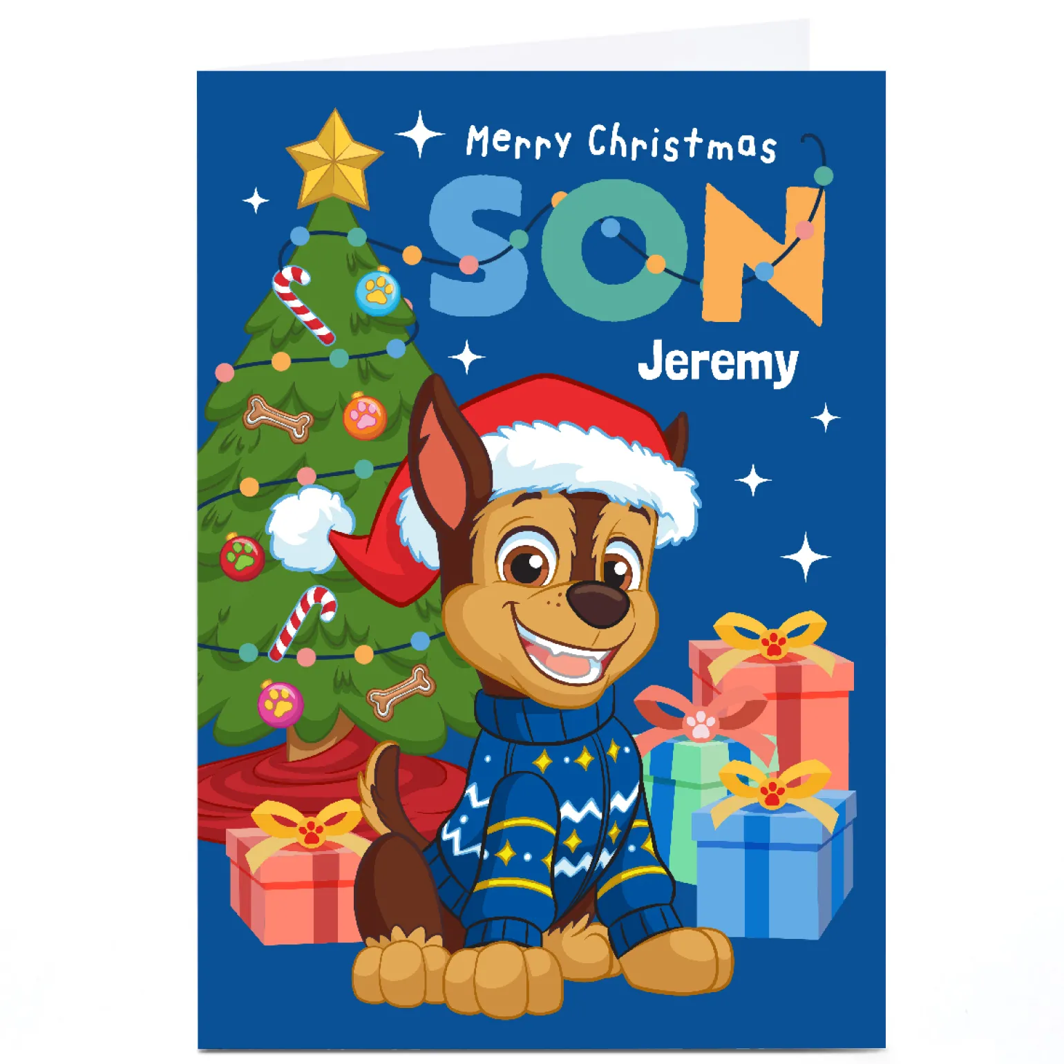 Personalised Paw Patrol Christmas Card - Chase Tree and Presents, Son