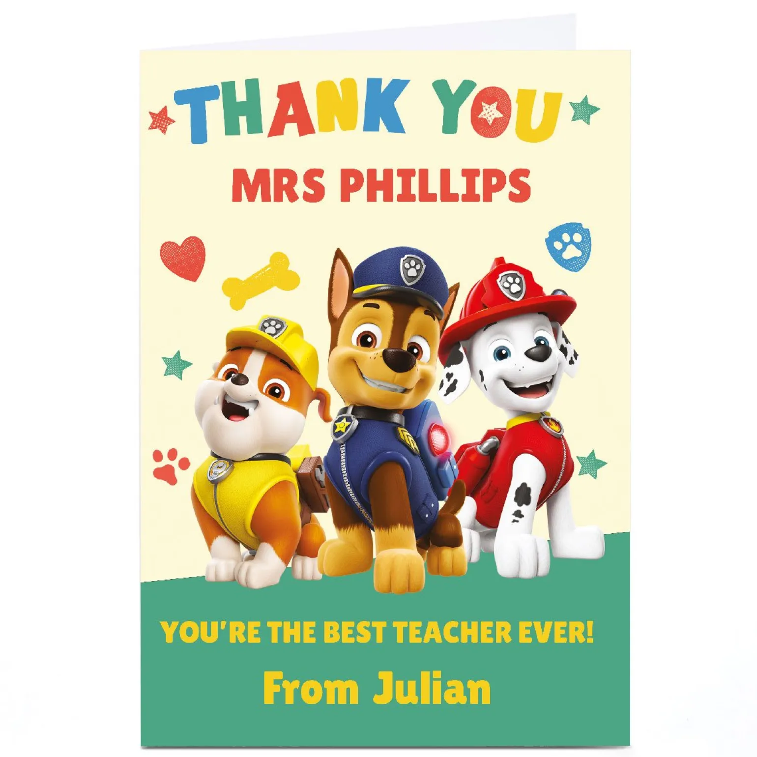 Personalised Paw Patrol Card - You're The Best Teacher Ever!