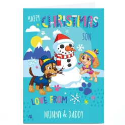 Personalised Paw Patrol Christmas Card - Building Snowman