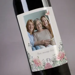 Personalised Photo Upload Wine - Traditional Script and Flowers