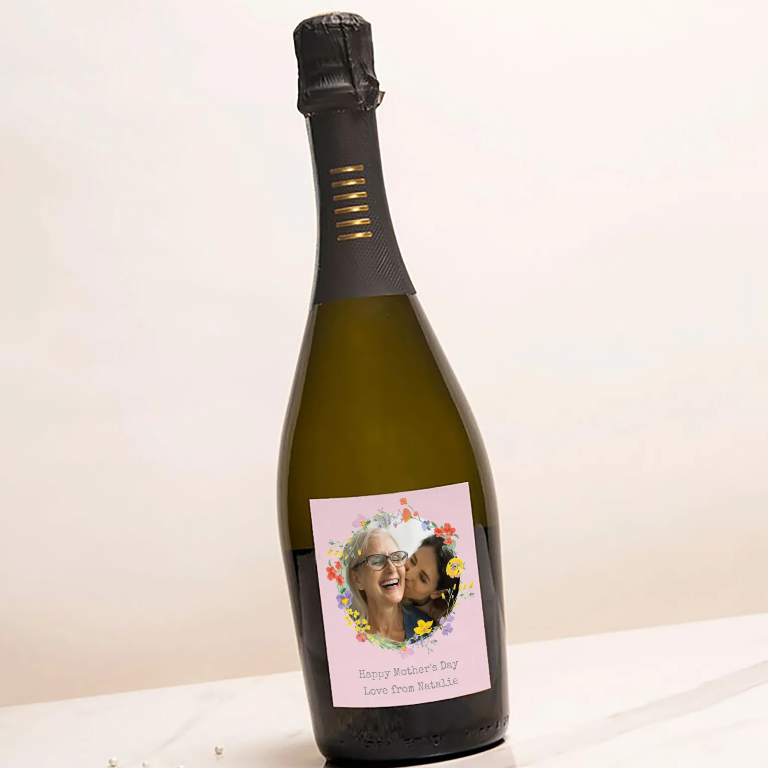 Personalised Prosecco - Photo Upload - Pink Circle of Flowers