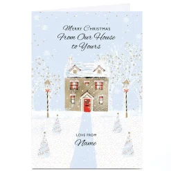 Personalised Rebecca Prinn Christmas Card - Snowy House and Lightposts, From Our House to Yours