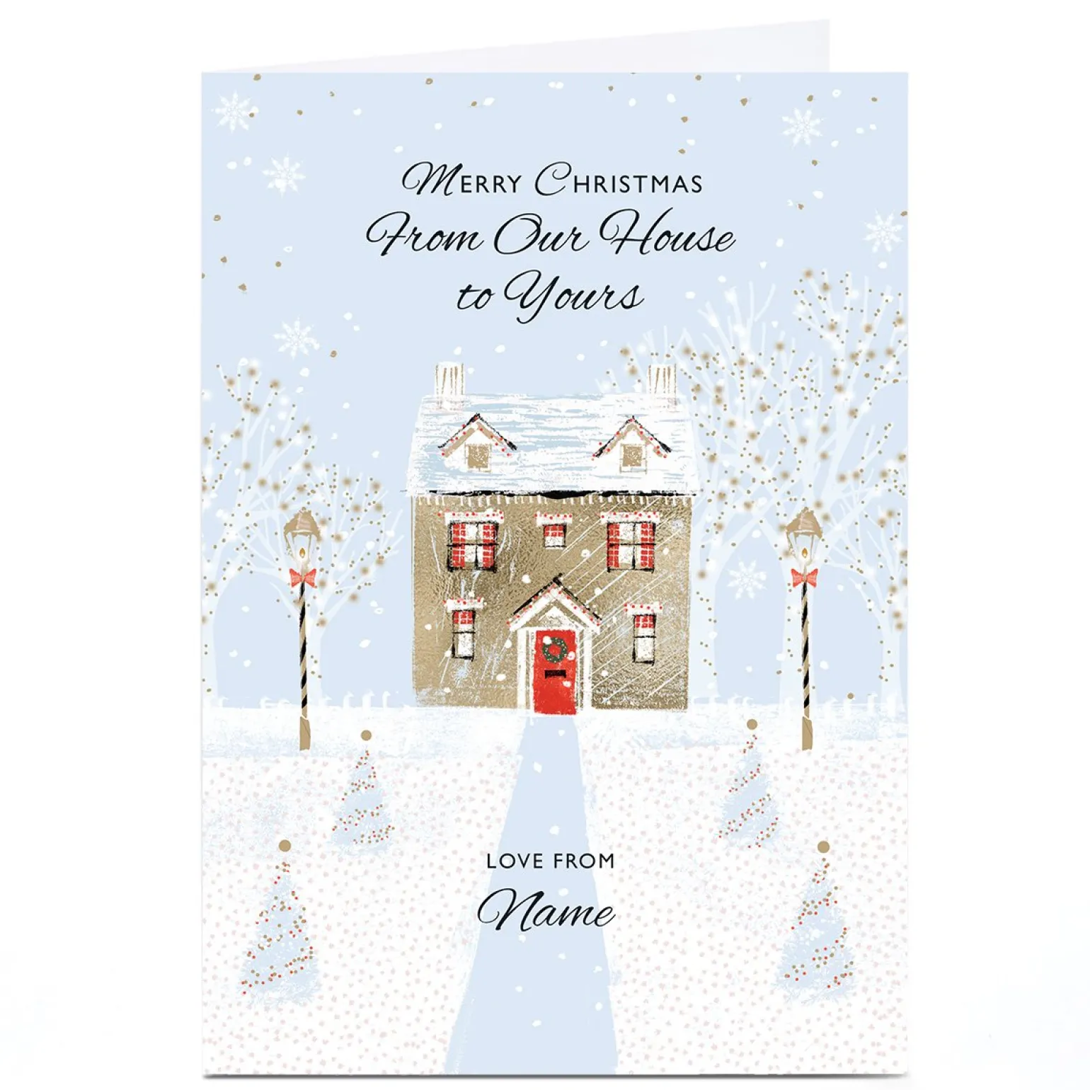 Personalised Rebecca Prinn Christmas Card - Snowy House and Lightposts, From Our House to Yours