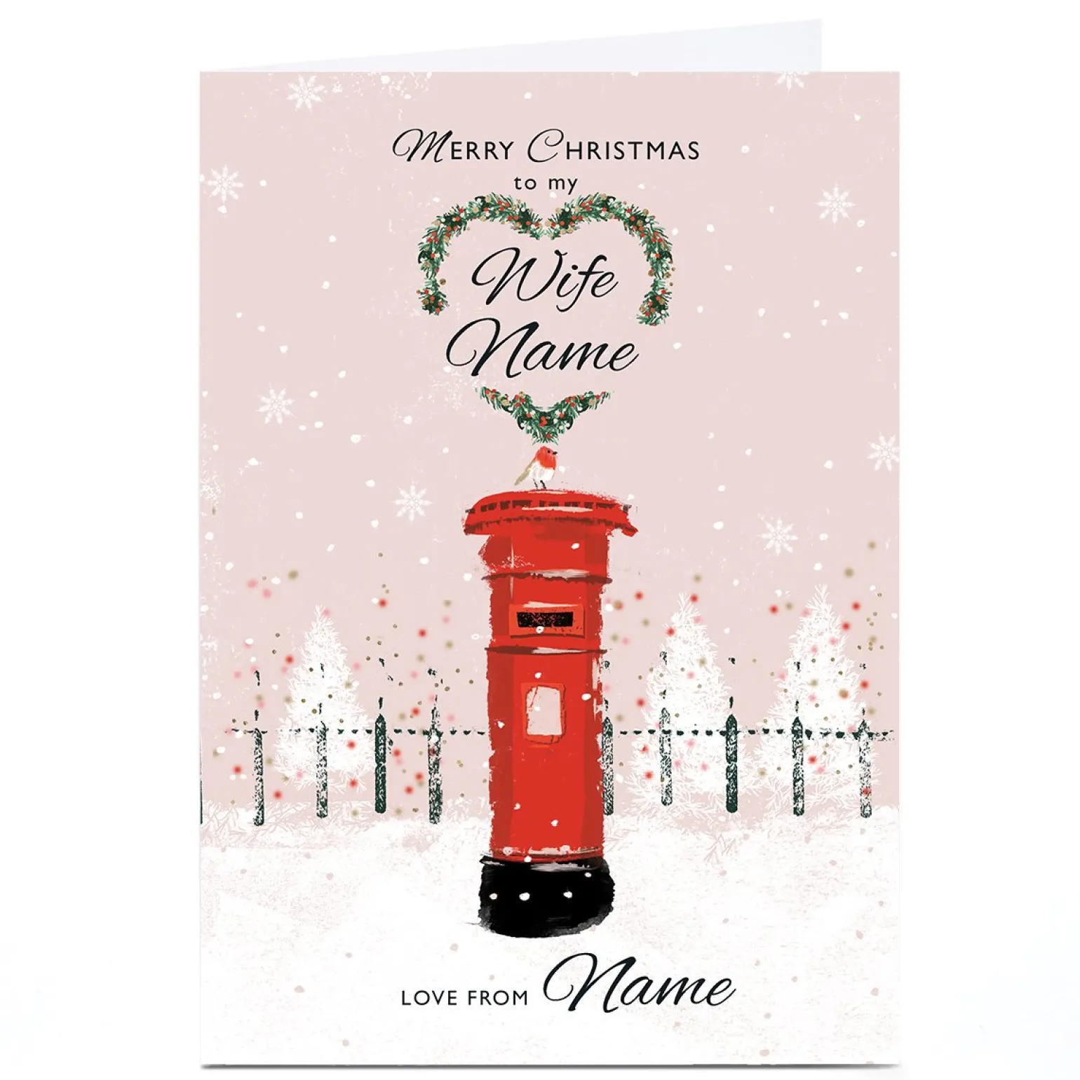 Personalised Rebecca Prinn Christmas Card - Snowy Postbox and Robin, Wife