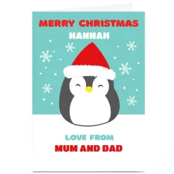 Personalised Squishmallows Christmas Card - Penguin and Snowflakes, Any Name