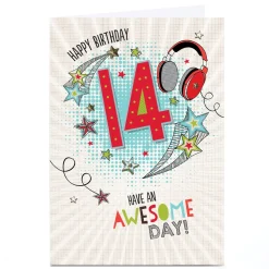 Personalised 14th Birthday Card - Jazzy Headphones and Stars