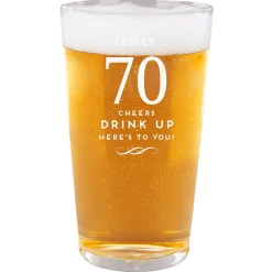 Personalised 70th Birthday Pint Glass - Cheers, Drink Up!