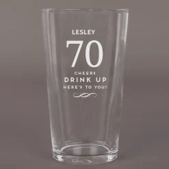 Personalised 70th Birthday Pint Glass - Cheers, Drink Up!