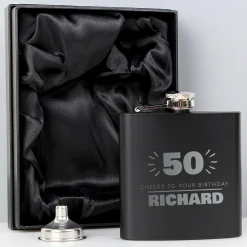 Personalised 50th Birthday Hip Flask - Silver & Black