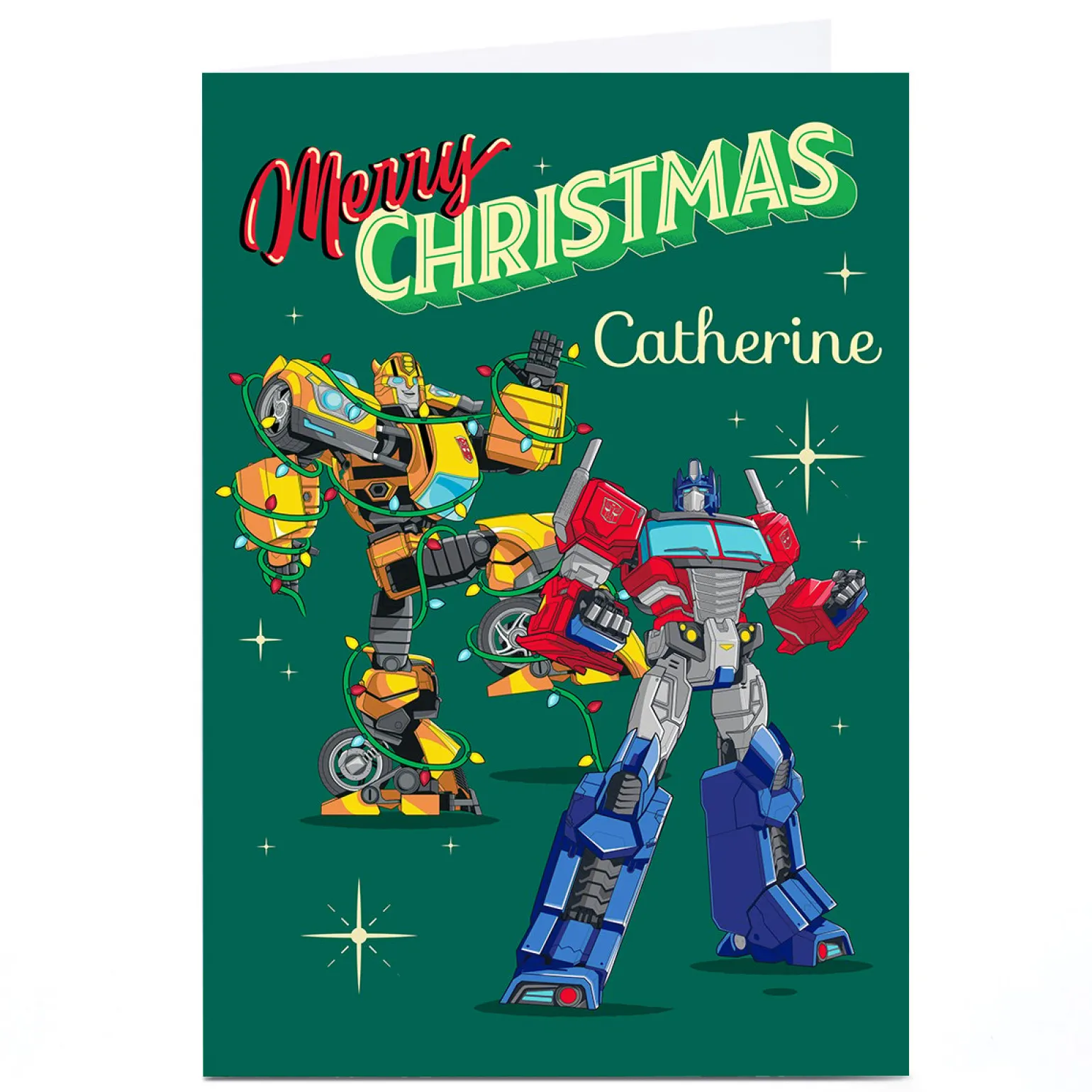 Personalised Transformers Christmas Card - Bumblebee and Optimus Prime, Any Name