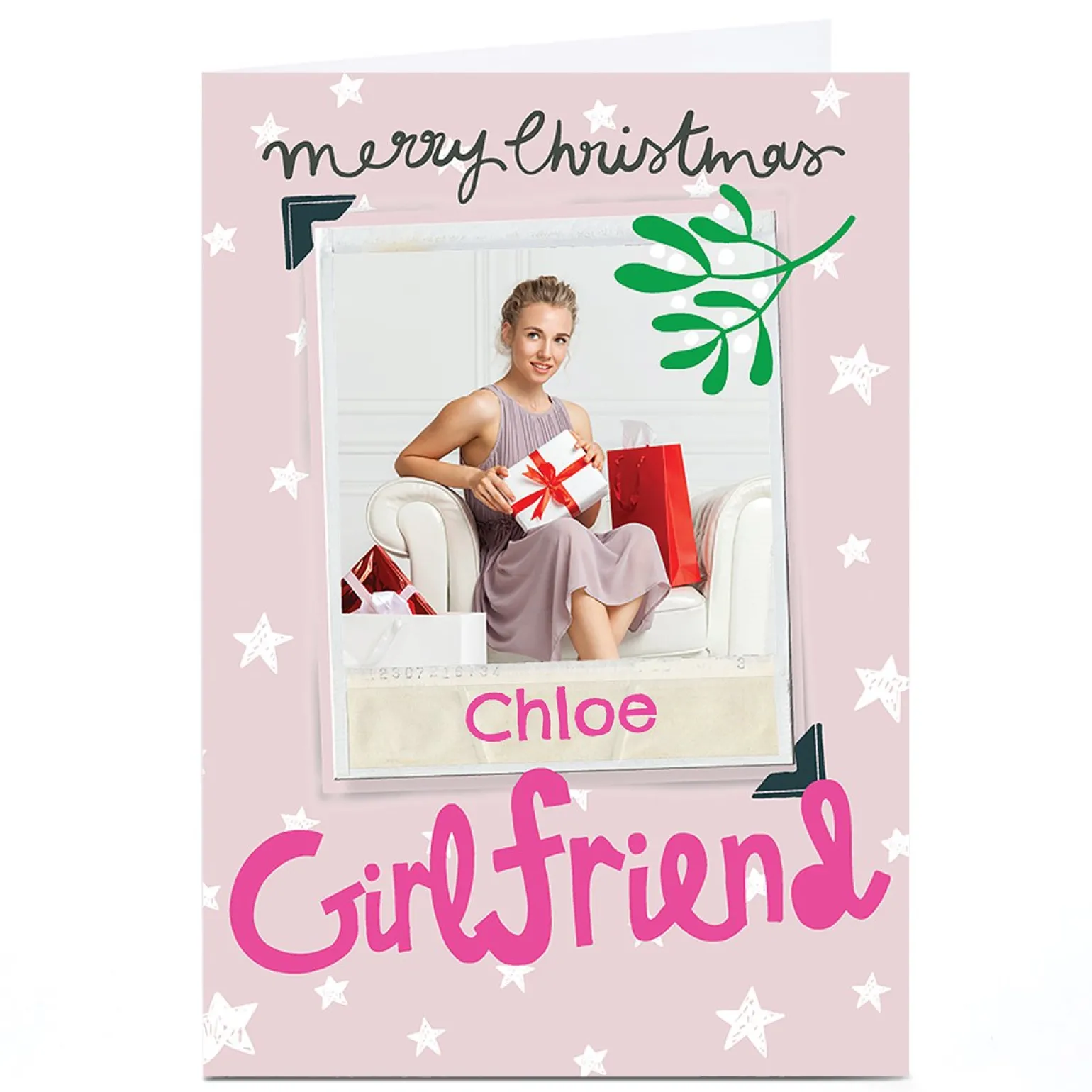 Photo Bev Hopwood Christmas Card - Pink Polaroid and Mistletoe, Girfriend
