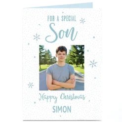 Photo Christmas Card - Blue Snowflakes, Son