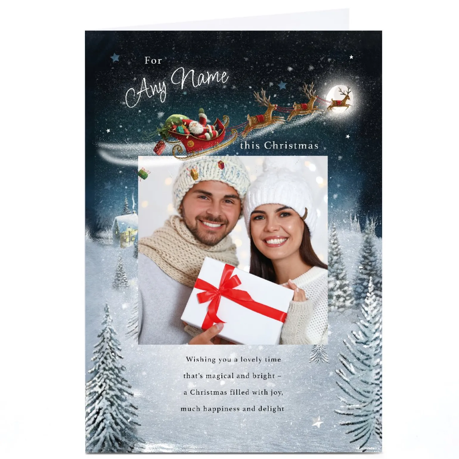 Photo Christmas Card - Santa's Sleigh over Snowy Town, Any Name