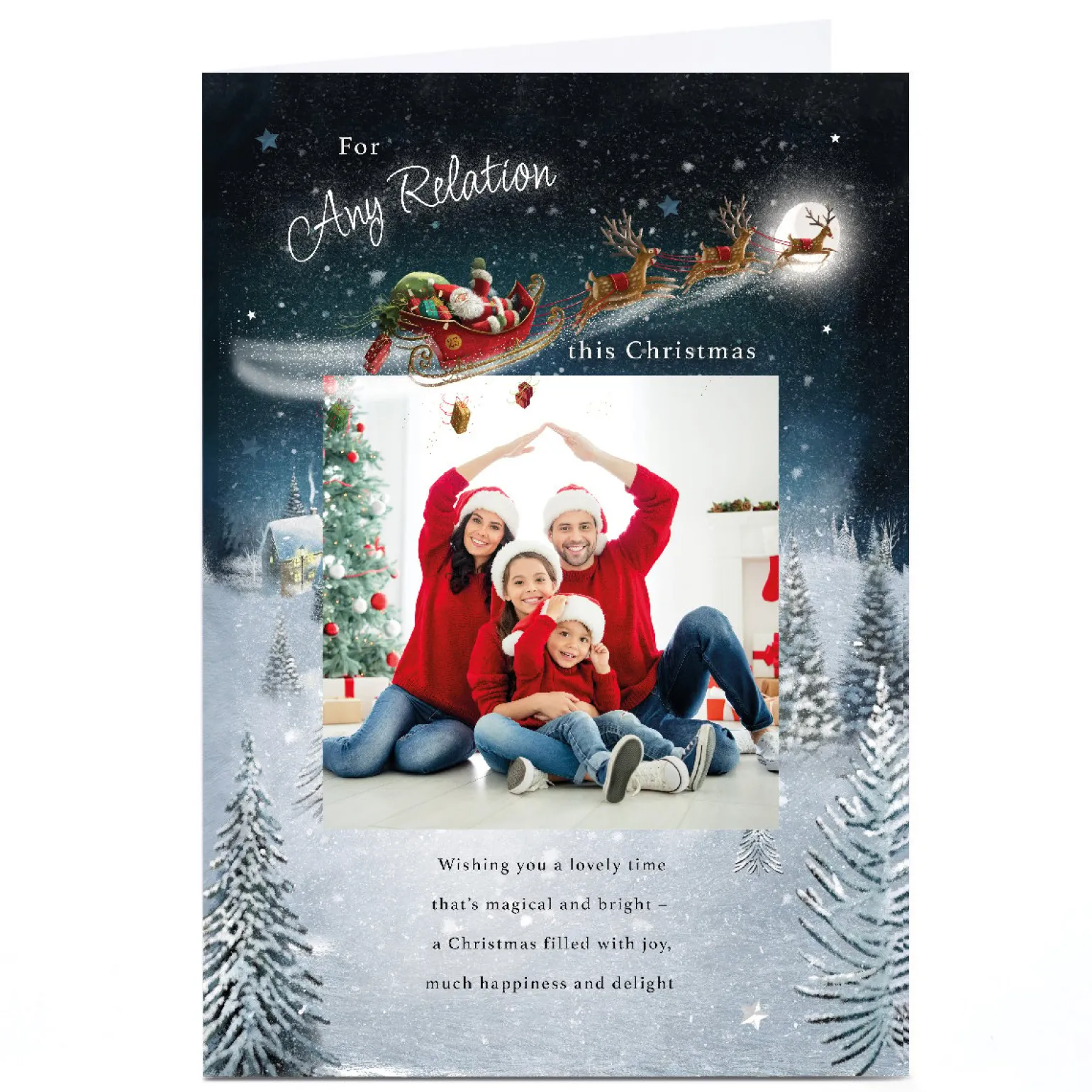 Photo Christmas Card - Santa's Sleigh over Snowy Town, Any Name