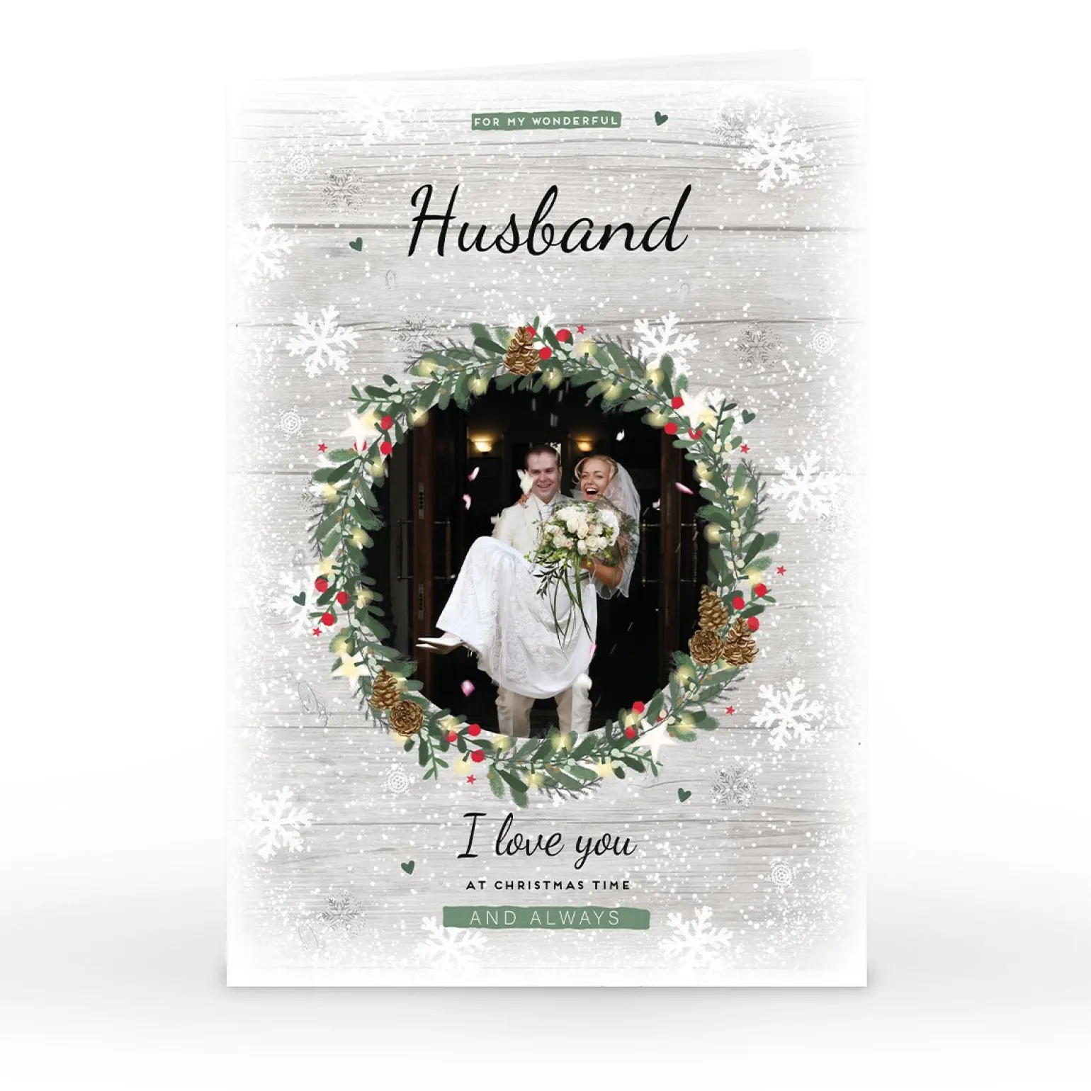 Photo Christmas Card - Wreath & Snowflakes, Husband