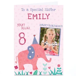 Photo Juniper & Rose Birthday Card - Pink Elephant, Editable Age