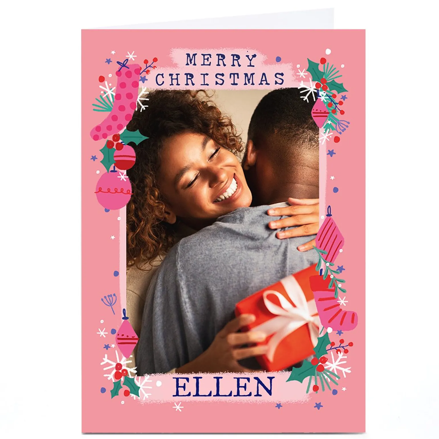 Photo Little Mono Christmas Card - Pink Portrait