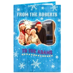 Photo Upload Christmas Card - Blue Wood With Snowflakes