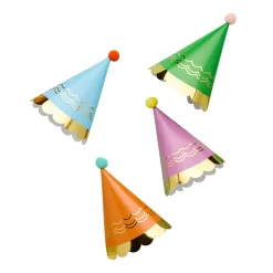 Premium Bright Party Hats with Pom Poms - Pack of 8