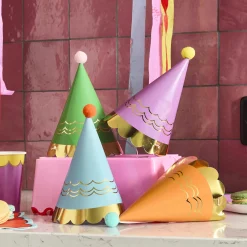 Premium Bright Party Hats with Pom Poms - Pack of 8