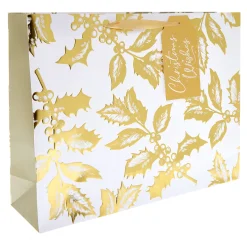 White & Gold Holly Extra Large Landscape Christmas Gift Bag